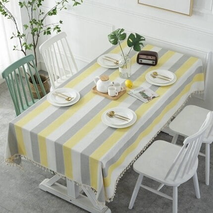 

UMMH Yarn-Dyed Linen Fabric Blue Gray Strip Tassel Tablecloth Hotel Christmas Decoration Cloth for Coffee Bar Table