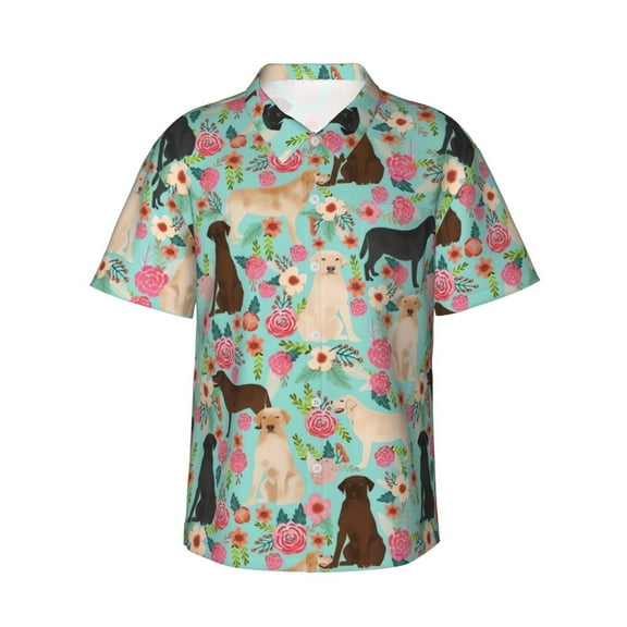 Abrador Retriever Dog Flower Floral Men'S 3d Print Casual Button Down Shirts, Novelty Hawaiian Short Sleeves Xl