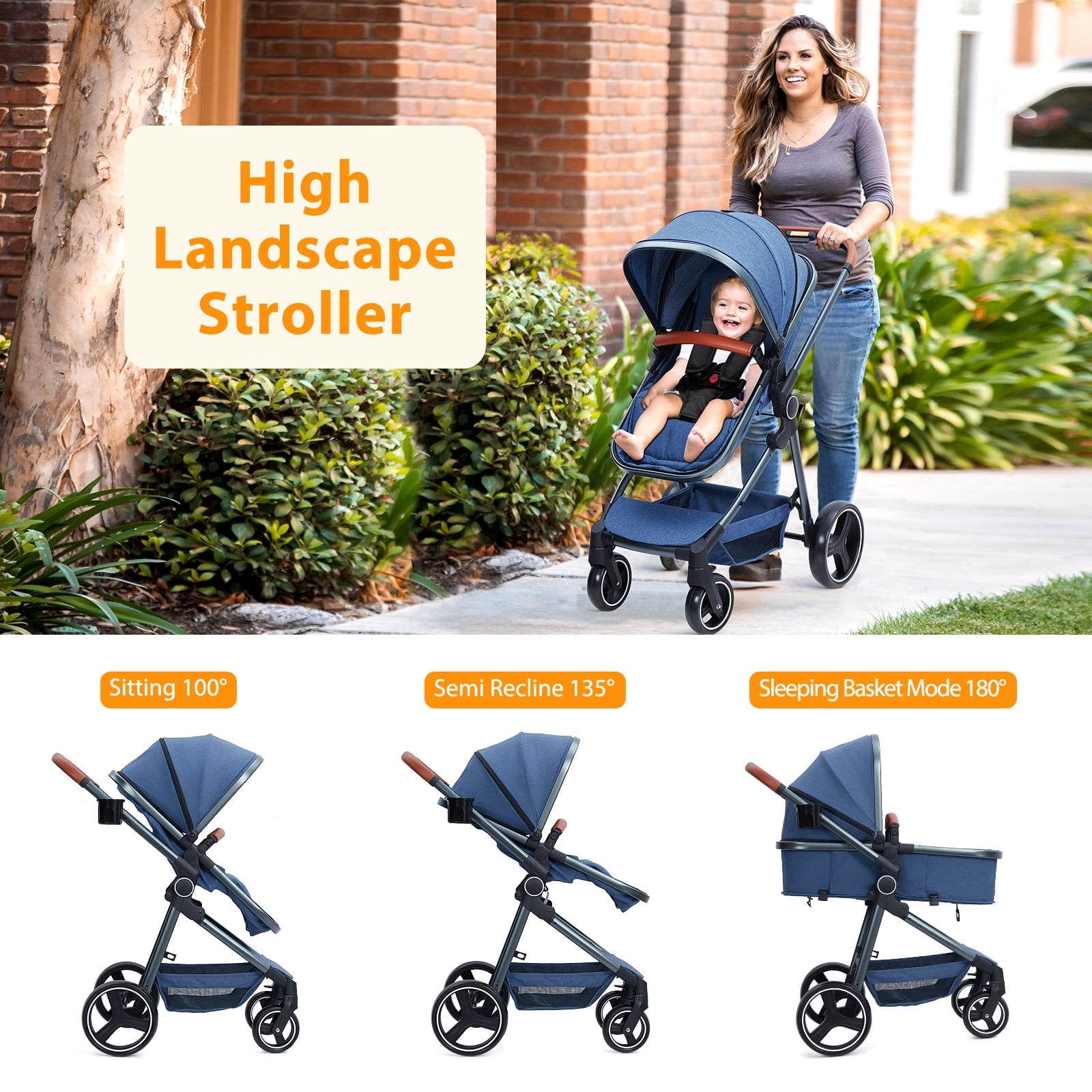 2-in-1 Bassinet Stroller, Lightweight Foldable Baby Stroller with Reversible Seat, Adjustable Canopy & All-Terrain Wheels for Newborns 0-3 Years