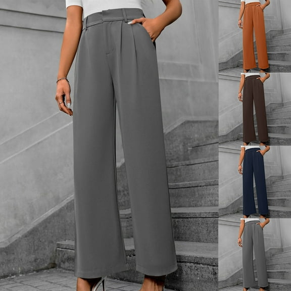 pstuiky Wide Leg Dress Pants for Women, Solid Color Loose Long Straight Leg High Waisted Trousers Oversized Workout Clothes Coffee L