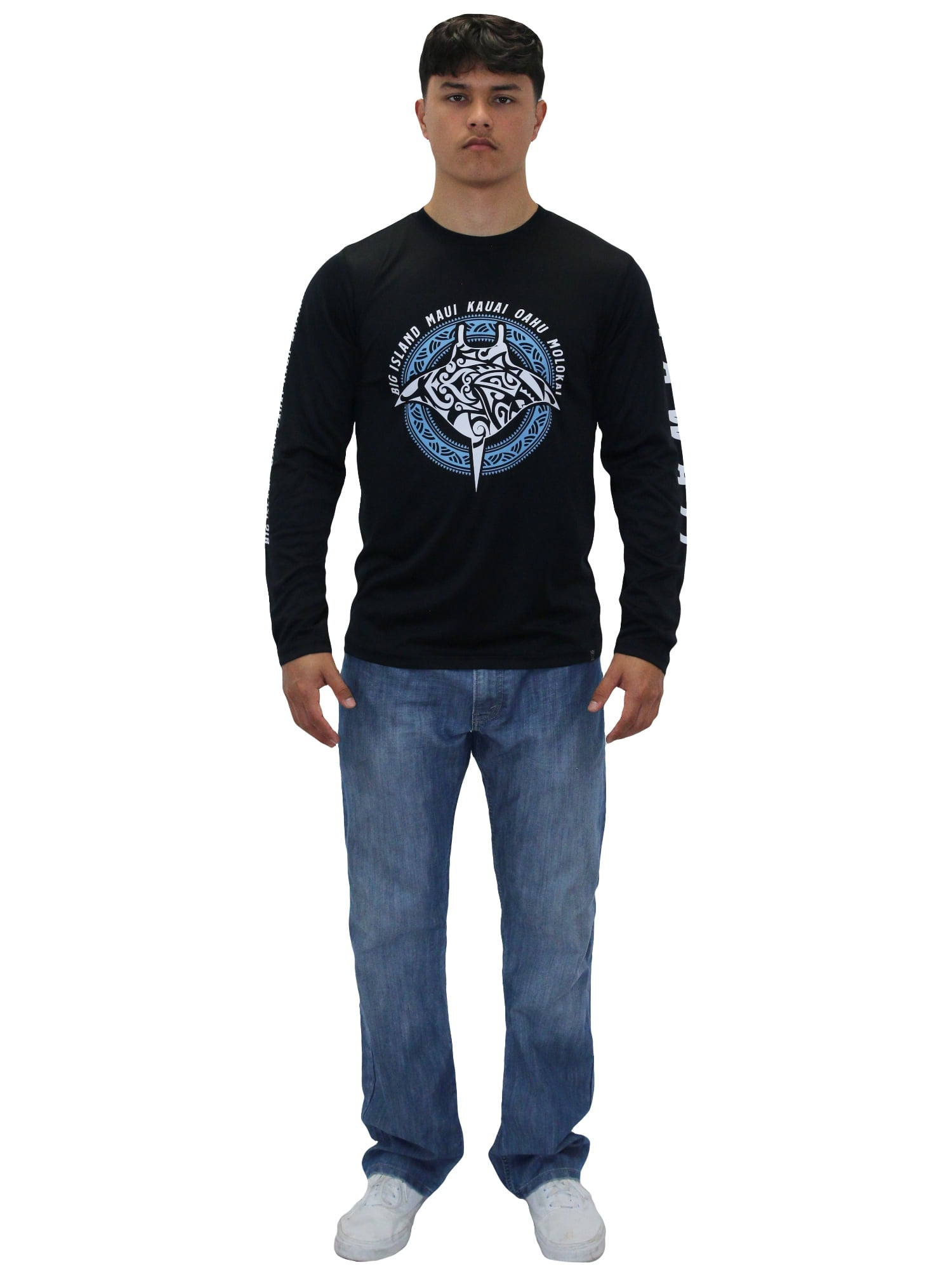 Island Crew Hawaii Dri Fit Cool T-Shirt Long Sleeve, Manta Ray, Small - 3XLarge, Black