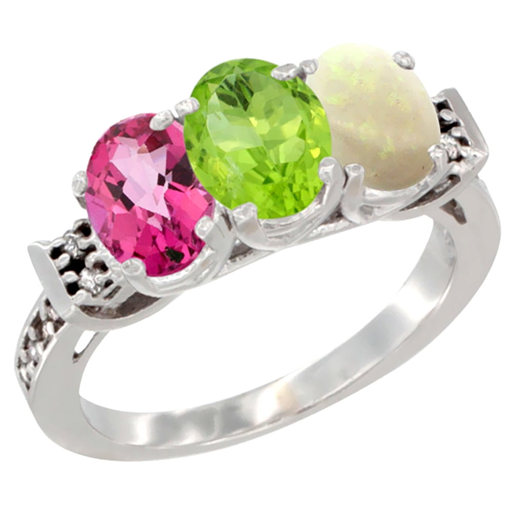 10K White Gold Natural Pink Topaz, Peridot & Opal Ring 3-Stone Oval 7x5 mm Diamond Accent, sizes 5 10 by WorldJewels
