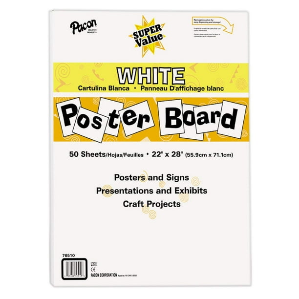 Super Value Poster Board, 22"X28", White, 50 Sheets, Reclosable carton