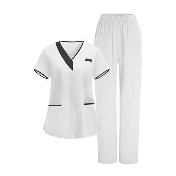 Floleo Women's V-Neck Short Sleeve Uniform Set Contrast Trim Top Straight Leg Pants with Pockets Comfortable Breathable Medical Workwear for Healthcare Clinic Daily Wear Outfit Sets