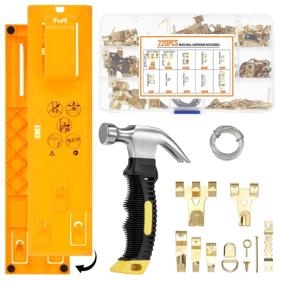Picture Hanging Kit with Level and Small Hammer, 220 Pcs Heavy Duty Picture Hangers Hardware Set Supporting 20-75 lbs for Photos, Frames and Wall Art