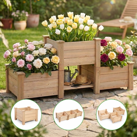 ORFELD 43.8" Solid Wood Garden Bed with 3 Separate Planter Boxes for Flexible Combination, Garden Box for Outdoors, Gardens, Courtyards, and Balconies