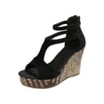thumbnail image 2 of YgkuHd Women's Casual Wedge Sandals Cutout Strappy Design Elasticated Ankle Strap Padded Insole Woven Espadrille Black,6, 2 of 9