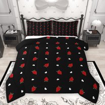 Homewish Sweet Strawberry Queen Comforter Set,Winter Fruit Bedding Sets,Red Black Bedding Comforter Set For Girls Kids,Ultra Soft Home Decor Reversible,3-Piece