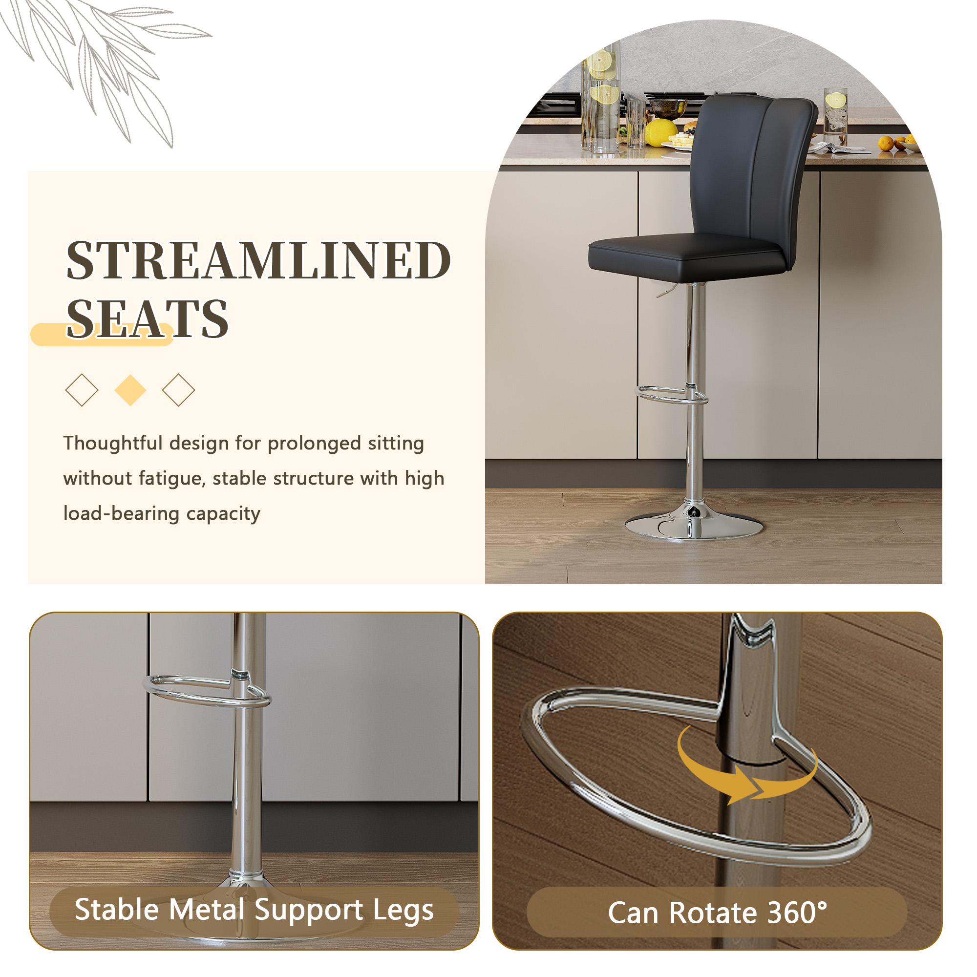 Bar Stool, Adjustable Bar Stool, Swivel Bar Stool&nbsp;Set of 2 with PU Leather Seat and Silver Metal Legs for Kitchen Counter, Home Bar or Cafe, Black and Silver
