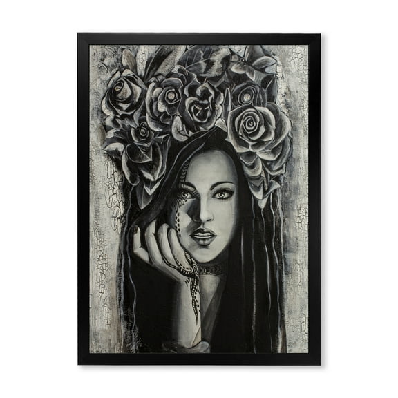 Designart 'Portrait Of A Young Woman With Flowers III' Modern Framed Art Print