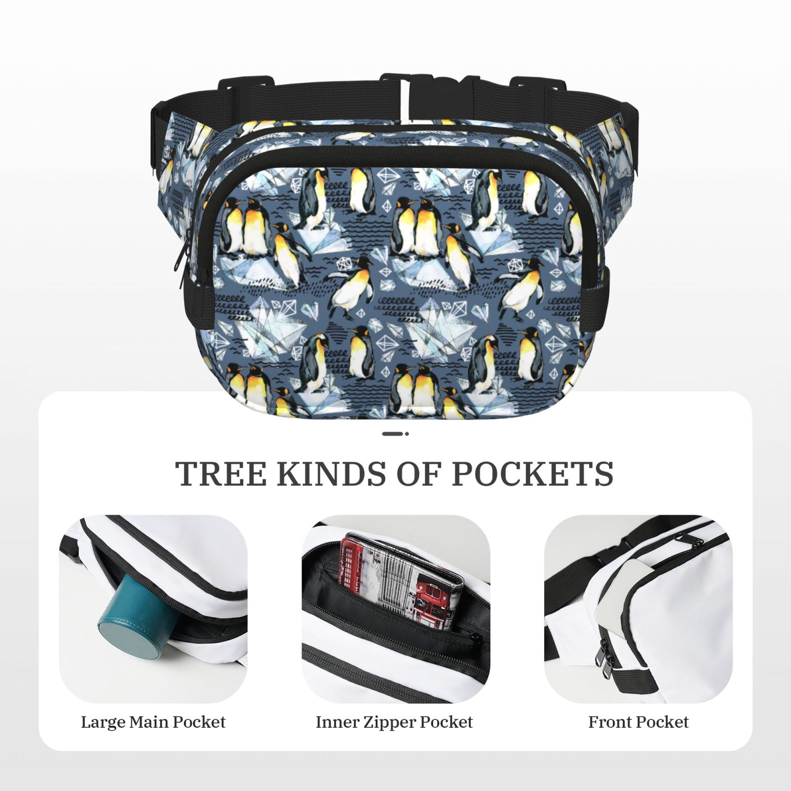 Rateoe Penguin Arctic Adventure Print Fanny Pack Belt Bag for Women and Men, Square Double-Layer Waterproof Waist Pack with Adjustable Strap for Hiking, Jogging, Cycling