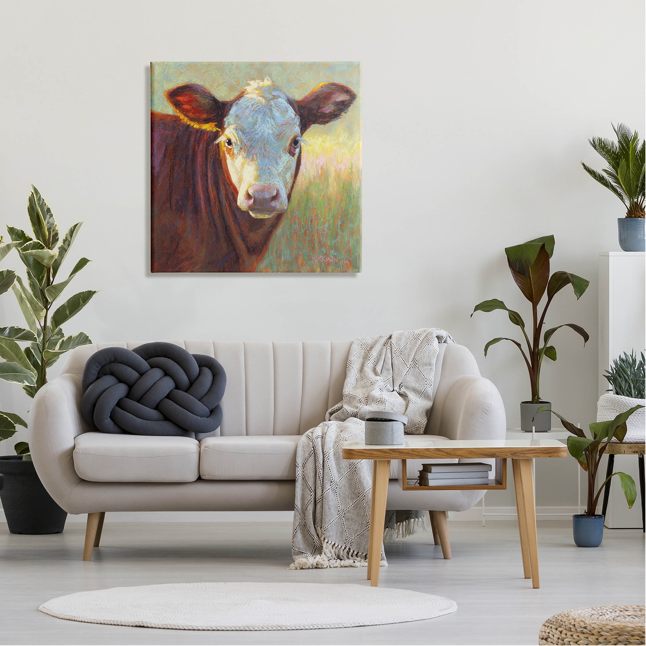 Brown Rural Wildlife Cattle Animals & Insects Painting Gallery Wrapped Canvas Print Wall Art