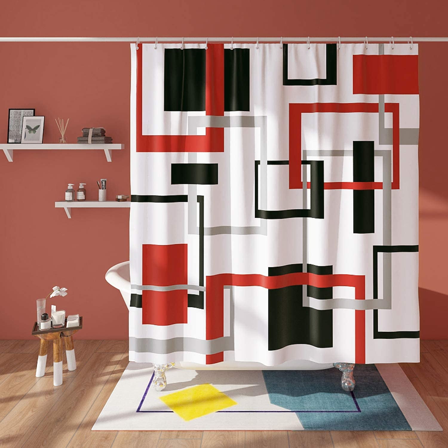 Red Black Geometric Shower Curtain Set Neutral Abstract Shower Curtains for Bathroom Modern Bathroom Decor Polyester Fabric-72" x 72"