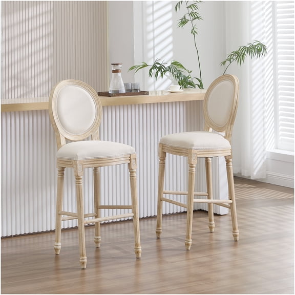 Set of 2 Beige Bar Chairs 30 Inch Height, French Country Kitchen Stools with Upholstered Seat and Carved Wood Legs for Counter Dining