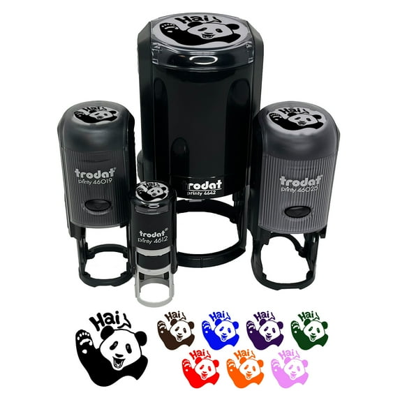 Waving Panda Saying Hai Self-Inking Rubber Stamp Ink Stamper - Green Ink - Small 3/4 Inch
