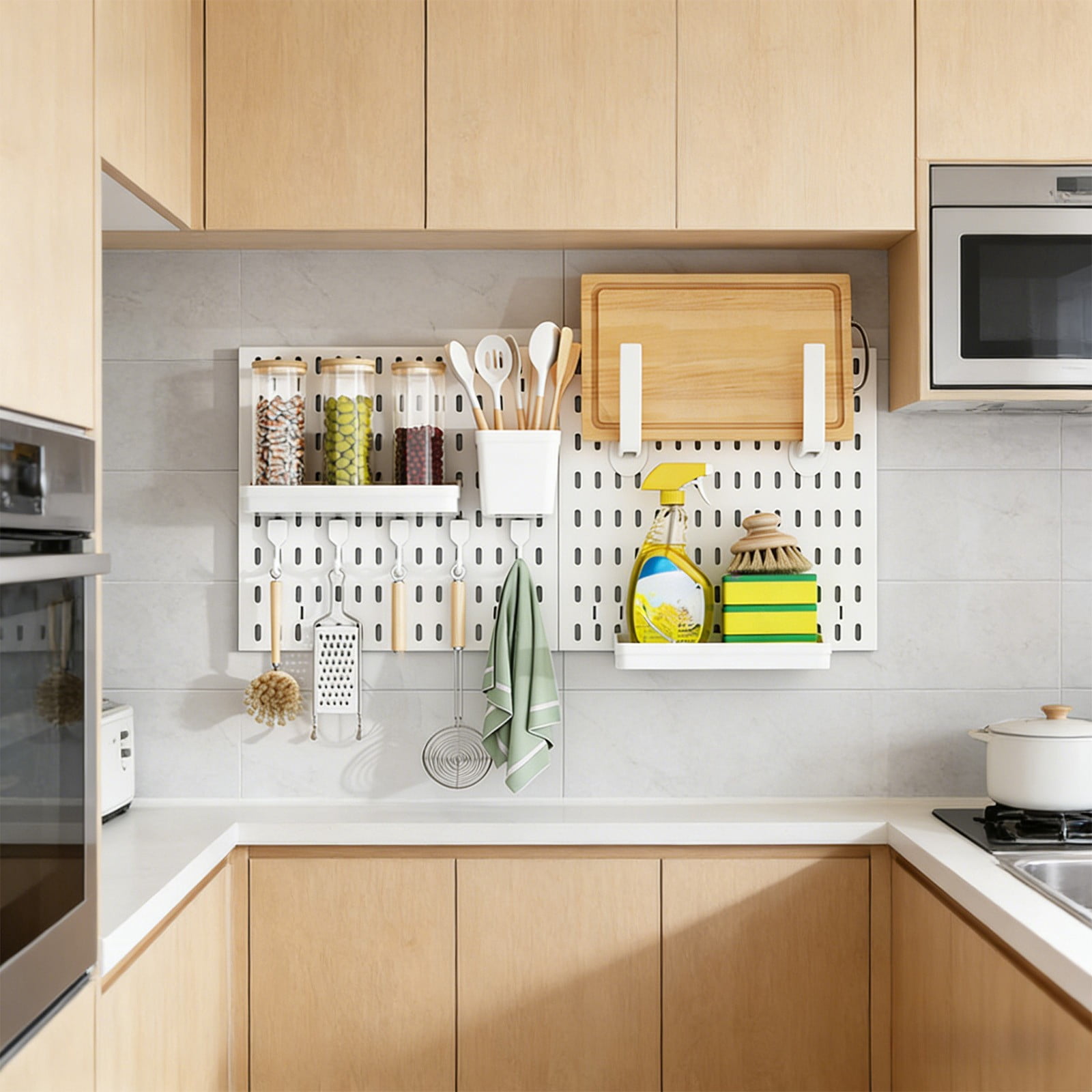No Punch Pegboard Wall Mount Multi-Functional Drains Basket Storage Rack, Kitchen Organizer with Hooks, Container, Shelves, Wall-Mounted, Space-Saving, for Kitchen, Bathroom, Garage, Office