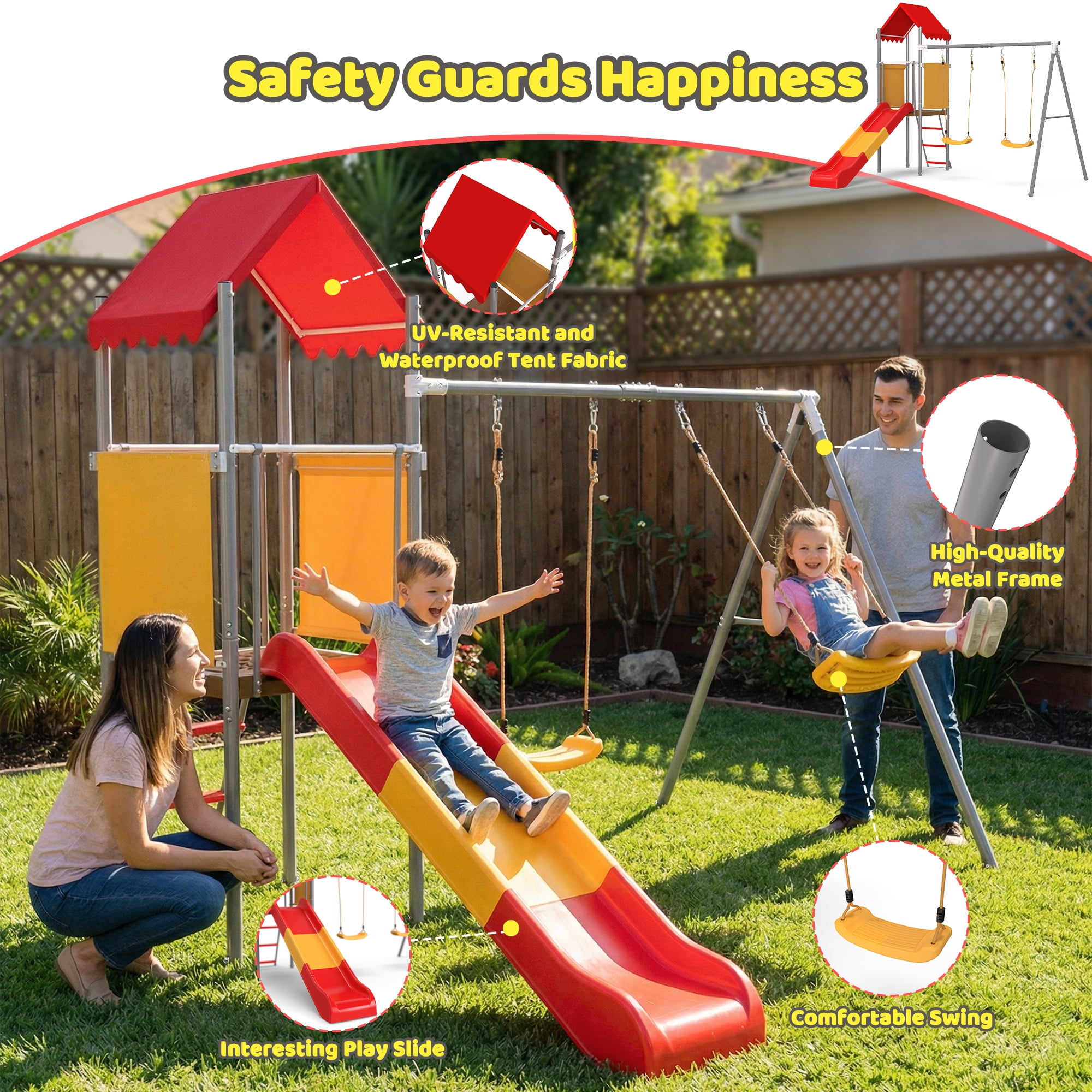 Leumius Metal Swing Sets for Backyard,Outdoor Playset with Slide,Heavy Duty Playground with 2 Swings,Durable Play Equipment with Canopy Roof, Flat-Step Ladder,Orange-Red