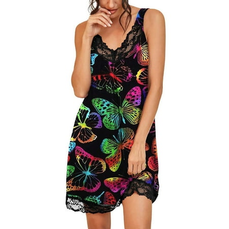 

ERTUTUYI Women Print Deep V Pajamas Sleeveless Lace Lingerie Sleepwear Blouse Dress Black S