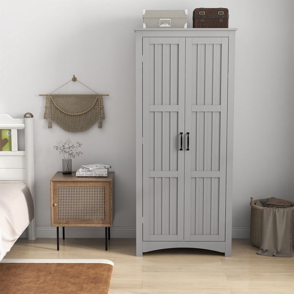 Xiweot 2 Doors Freestanding Wardrobe Closet & Cabinet with Shelves - 76"W Functional Clothes Storage Cabinet Organizer with Hanging Rail, Armoire Wardrobe, Soft White finish