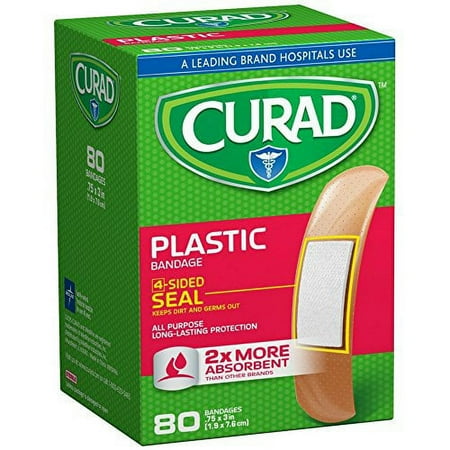 80 Count Curad Plastic Bandages 4 Sided Seal Absorbent All Purpose .75 X3 Inches