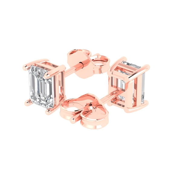 1.0 Ct Emerald Cut Studs Clear Moissanite 18K Rose Solid Solid Gold Everyday Dainty Earrings Push Back