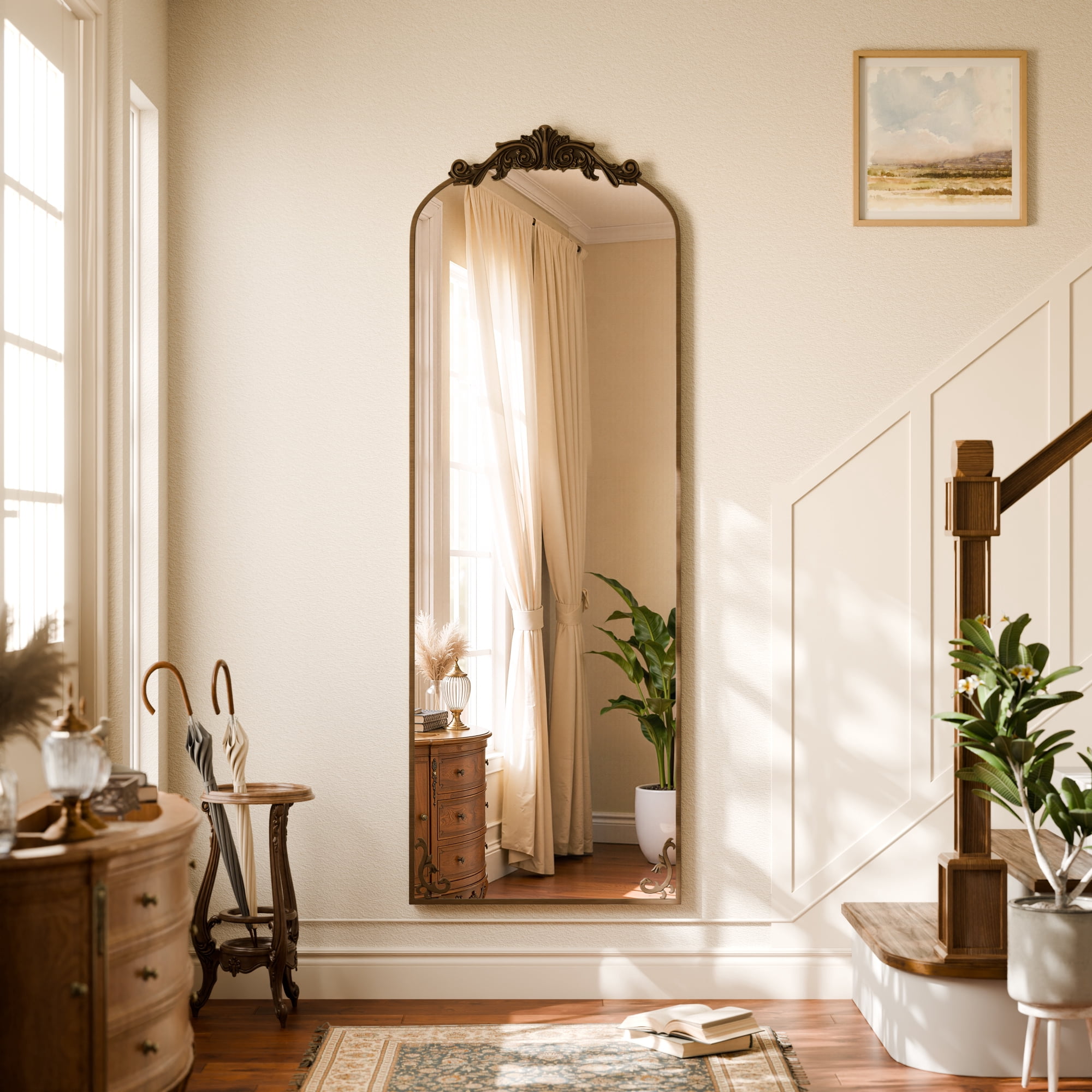 ‌Auromir‌ 24"x70" Vintage Arched Full Length Mirror Antique Metal Floor Mirror with Baroque Style, Antique Bronze