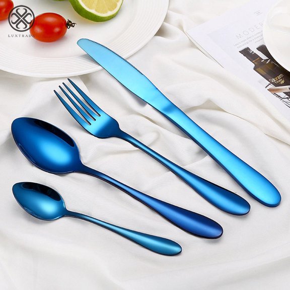 Luxtrada 4Pcs Flatware Rainbow Dinnerware Stainless Steel Tableware Set for Dinner Steak Soup Tea Fork Spoon Knife (Blue)