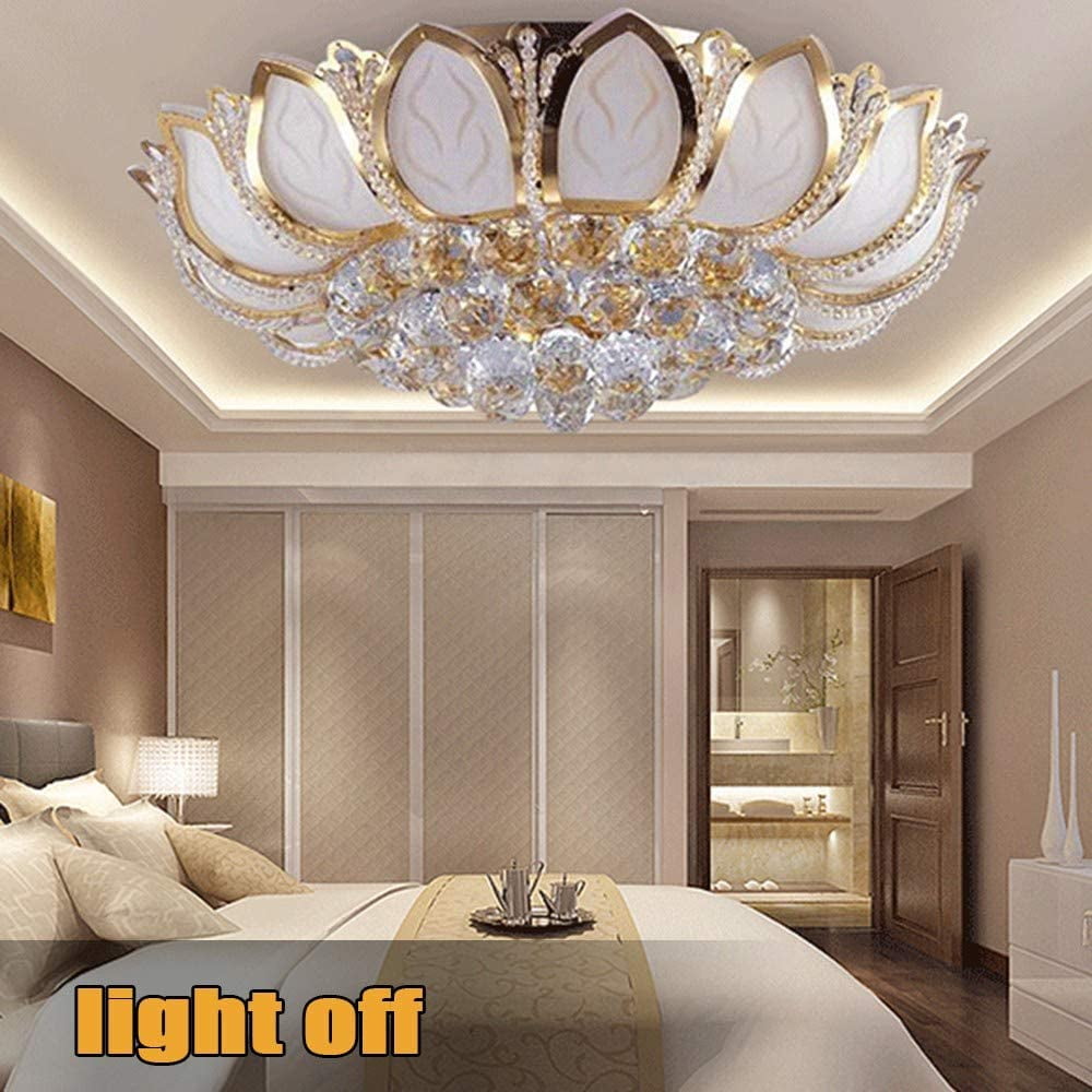 Crystal Ceiling Lamp Modern Chandelier 110V Gold Flower Shape Pendant Light Fixture 23.5 in Bedroom Flush Mount Hanging Lamp for Living Room Bedroom Hallway (No Remote Control)