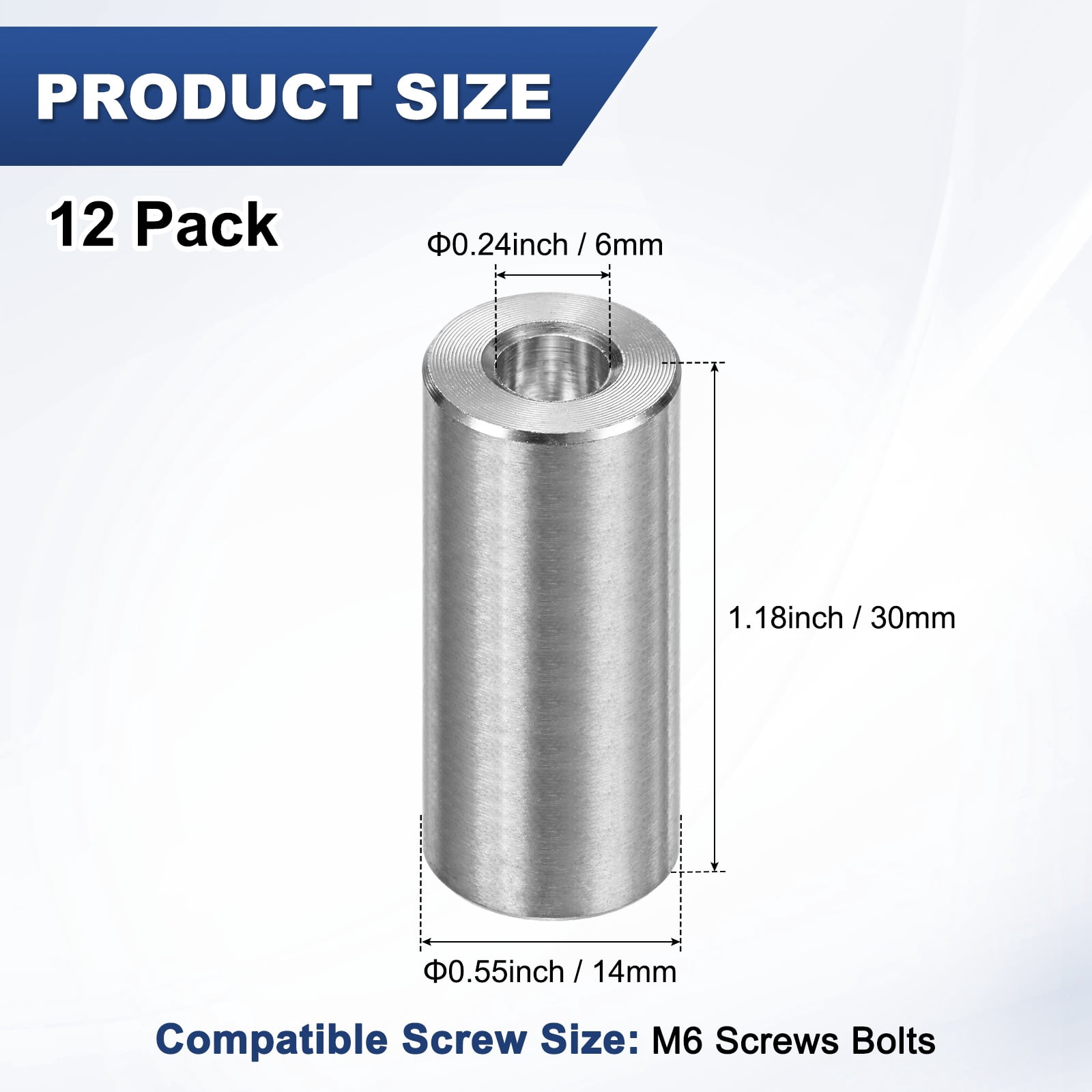 Uxcell 12PCS M6 304 Stainless Steel Spacers 6mm ID x 14mm OD x 30mm L Round  Metal Spacer for Screws Bolts