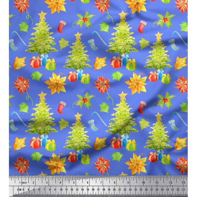 Soimoi Blue Heavy Canvas Fabric Gifts & Christmas Tree Printed Fabric 1 Yard 58 Inch Wide