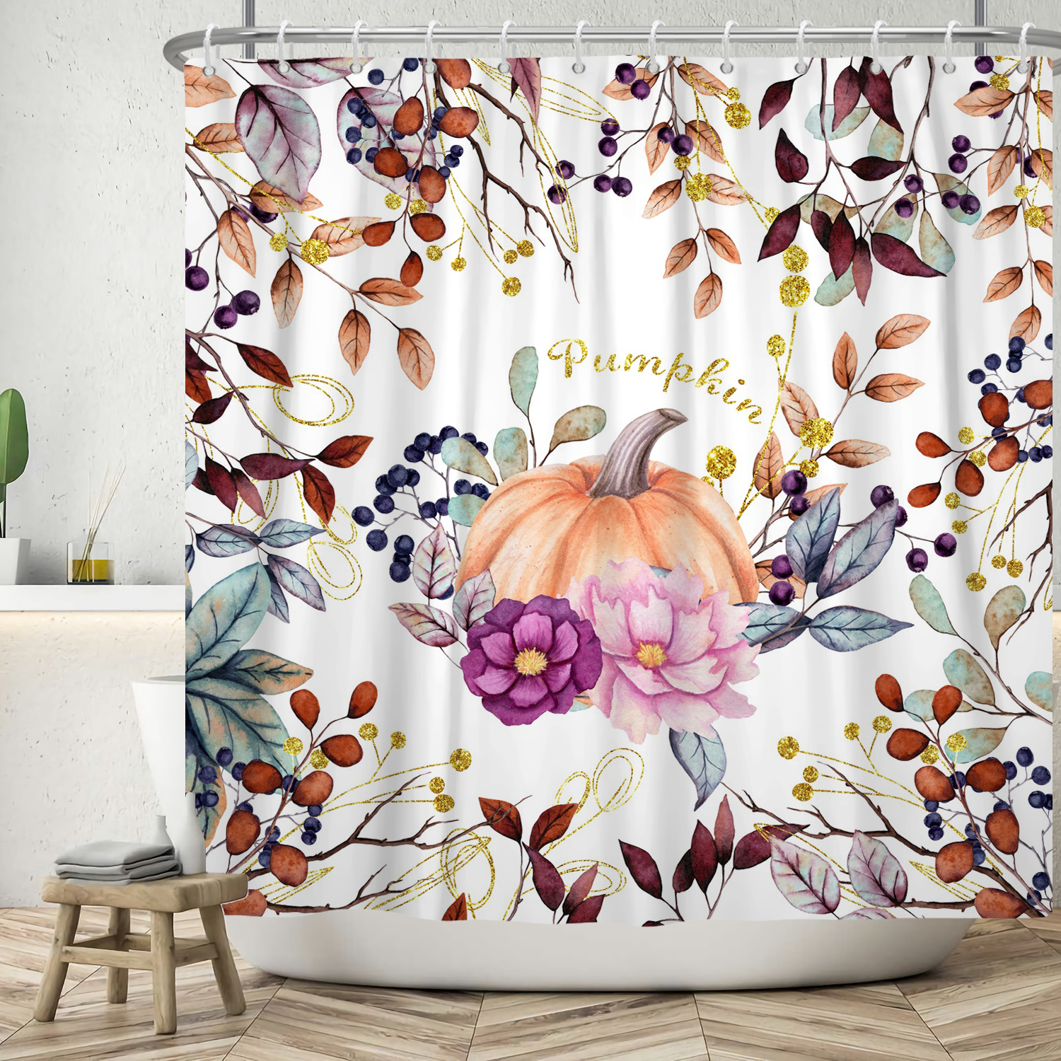 SUNOLIFE Fall Pumpkins Shower Curtain Brown Plants Leaves Waterproof Fabric Bathroom Curtain 72x78 in