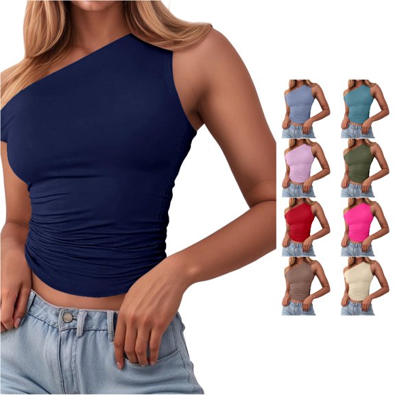 Rggeeun Women Tank Tops Solid Color One Shoulder Slim Fit Waist Shirring Vest Lightweight for Summer Outdoor Running Delicate Sleeveless,Blue,S
