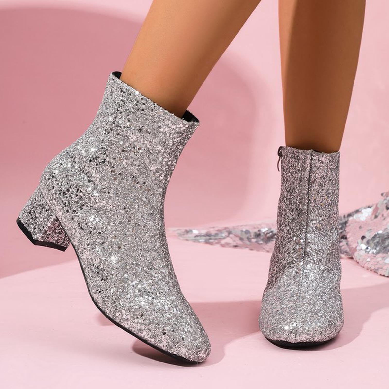 Miluxas Women's Sequins Glitter Chunky Heel Ankle Boots Sparkly Wedding Bridal Party Dress Shoes Block Low Heel Side Zipper Booties Silver 9.5(43)