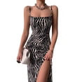 thumbnail image 2 of Sedceaty Women Sling Midi Dress Spaghetti Strap Low-cut Open Back Split Solid Color/Zebra Printed Ruched Dresses, 2 of 9