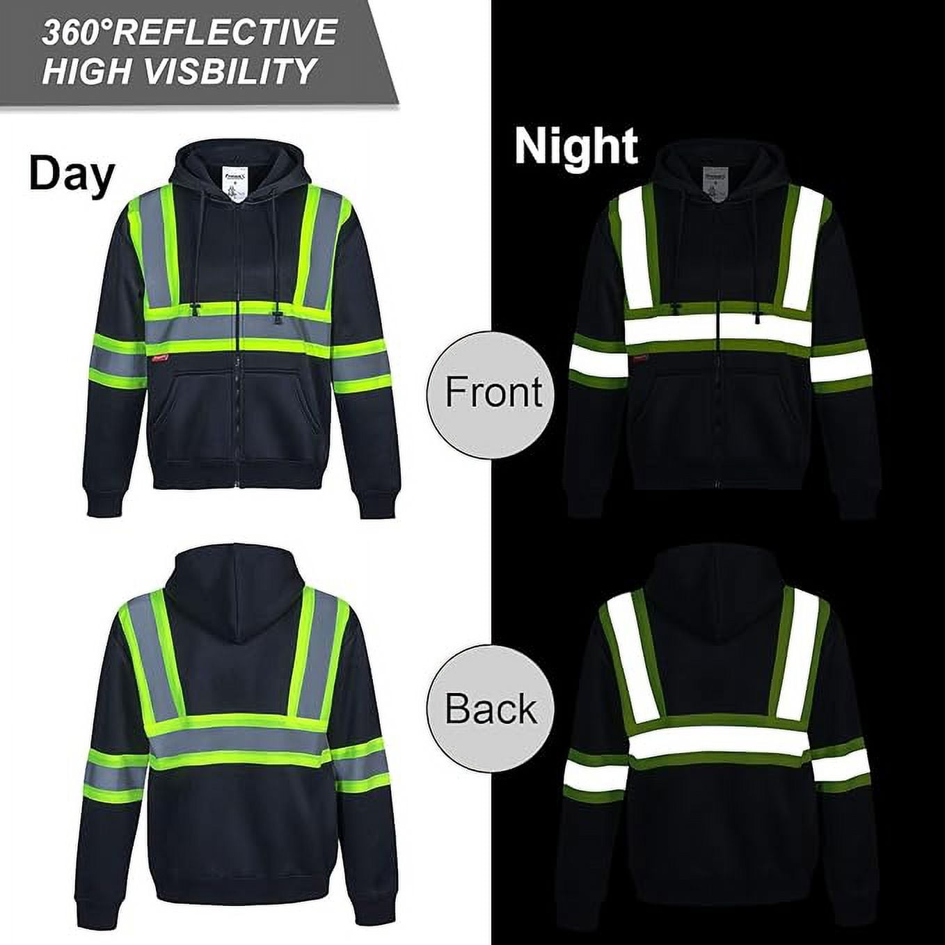ProtectX High Visibility Safety Sweatshirt for Women Men, Class 3 Hi Vis Hoodie with large Pocket, Hooded Full-Zip Reflective Sweatshirt for Work & Construction, Black, 3X Large