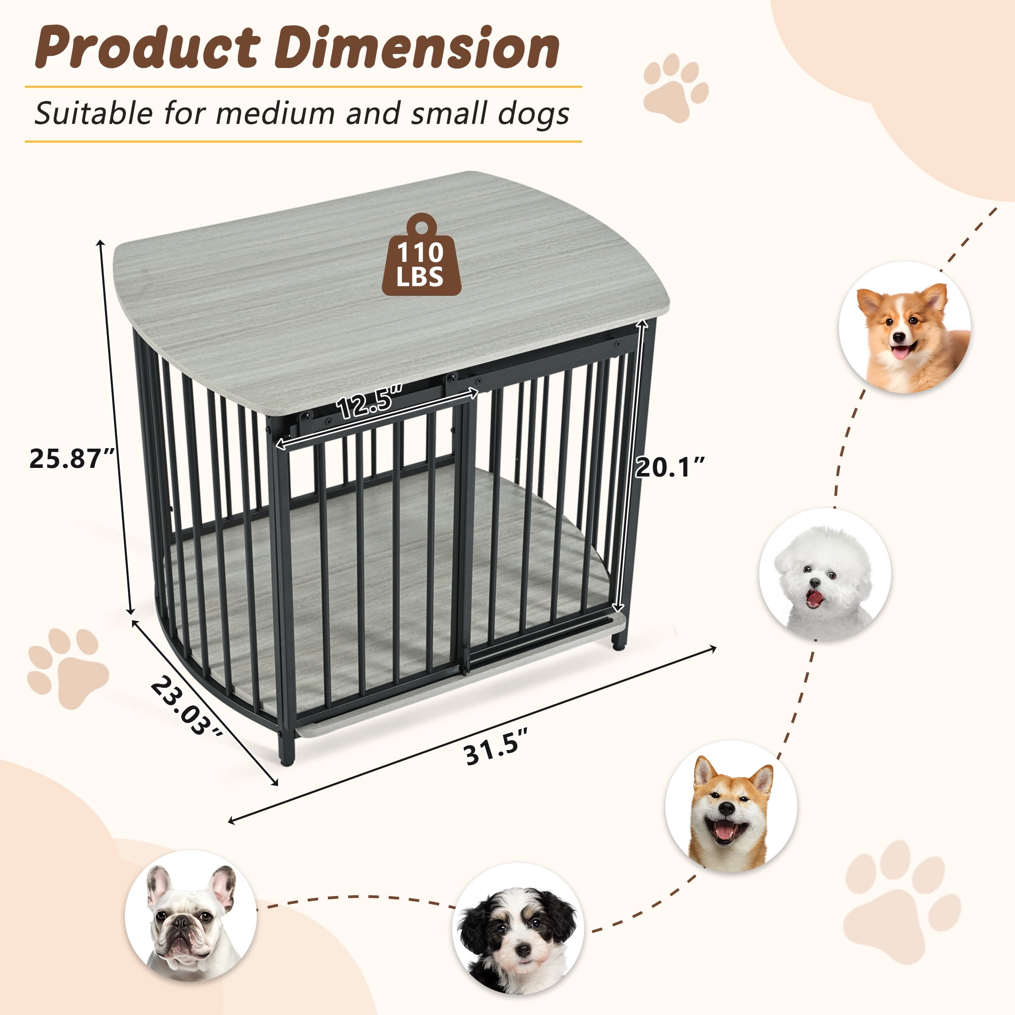 Modern Dog Crate End Table with Double-Doors 31.5" Dog Crate for Small and Medium Dogs, Wooden Cage Indoor Kennel Furniture