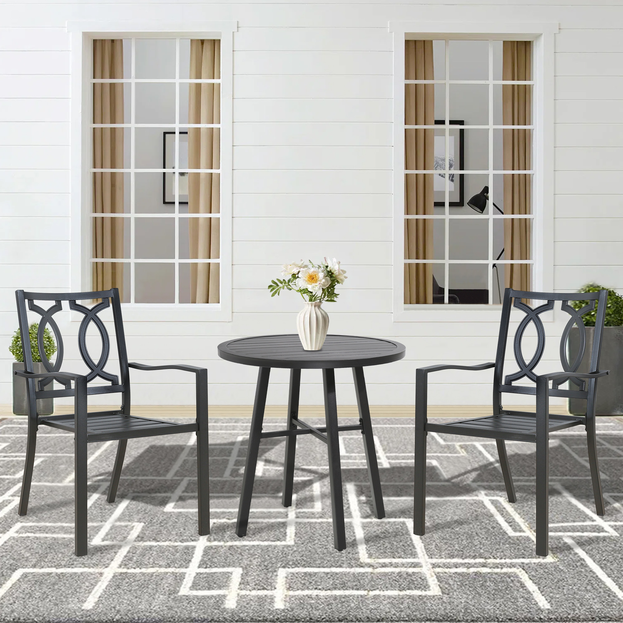 Ulax Furniture 3 Pieces Patio Outdoor Dining Bistro Set with Stacking Metal Dining Chairs, Round