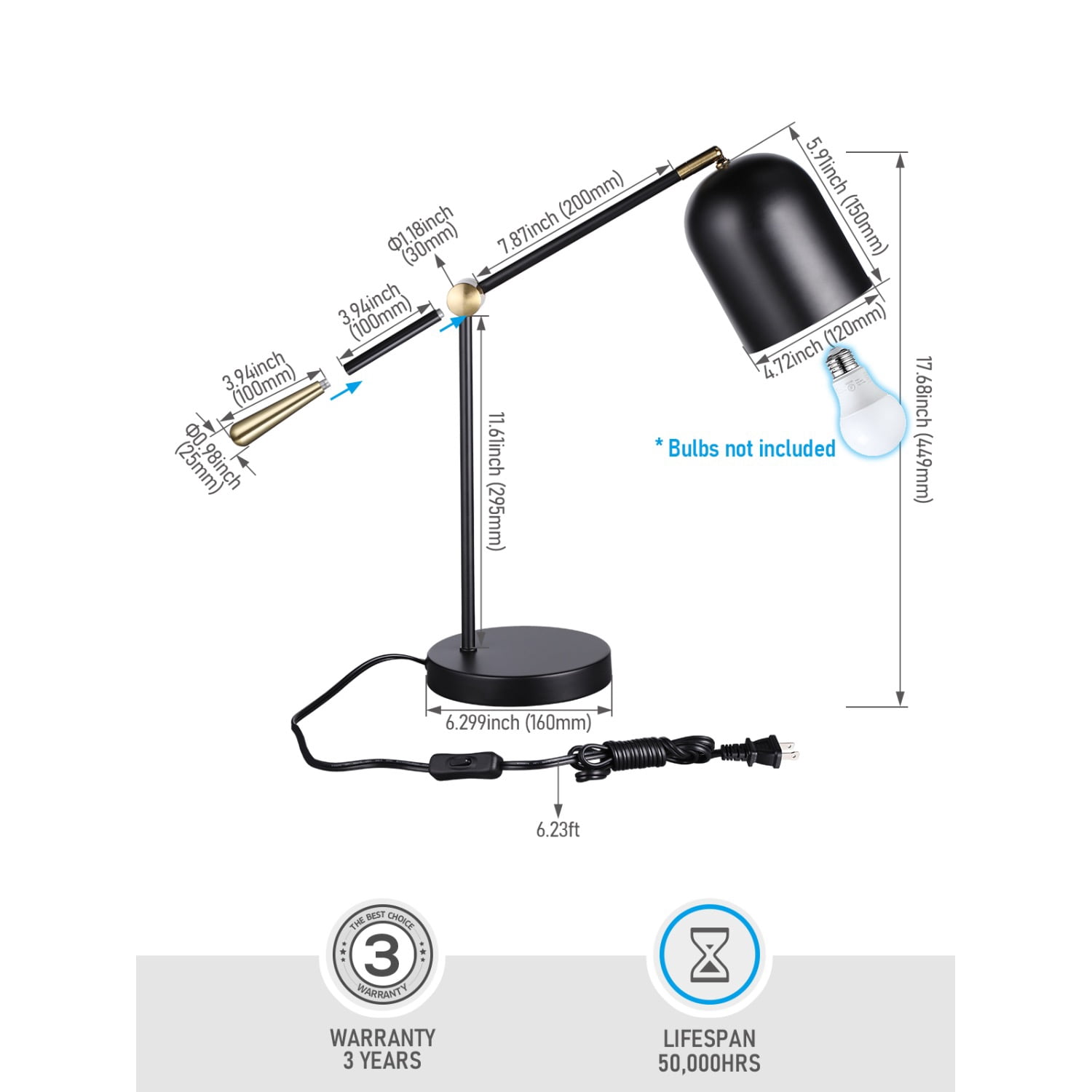 Aesthetic Metal Table Lamp, E26 Base, Adjustable Swing Arm, Max 60W, On/Off Switch