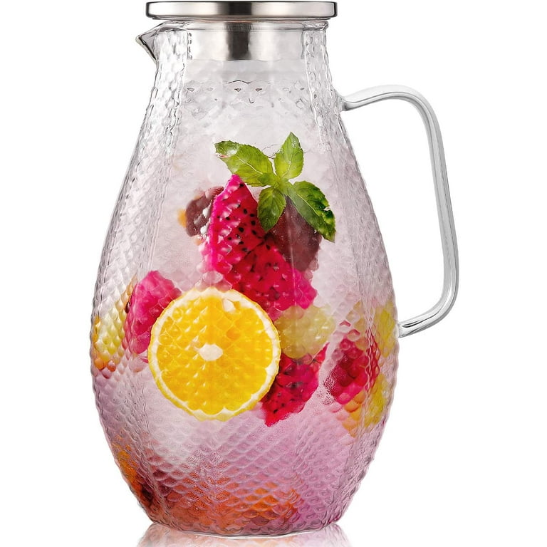 Aofmee Glass Pitcher, 68oz Water Pitcher with Lid and Precise Scale Line, 18/8 Stainless Steel Iced Tea Pitcher, Easy Clean Heat