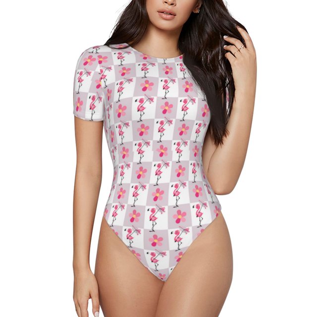 Fotbe Flamingo On Checkered Body de Mujer con Cuello Redondo y Mangas Cortas, Sin Mangas Ajustado, Suave, Cómodo y Básico-XX-Large