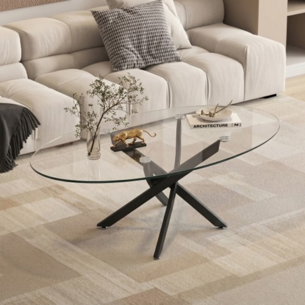 Oval Coffee Table, 39.37" Tempered Glass Top with Black Cross Legs, Modern Side Table, Tea Table for Living Room, Apartment, Cafe