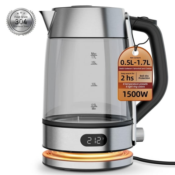 Auseo 1.7L Electric Glass Kettle with Temperature Control, 1500W Fast-Boil, LED Indicator Light, Keep Warm, Coffee Pot with Automatic Shutoff, Electric Kettle For Coffee & Tea, Stainless Steel