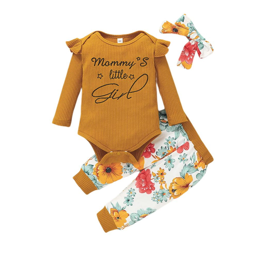 3PCS Newborn Kids Baby Girls Outfits Clothes Romper Bodysuit+Floral Pants Set 
