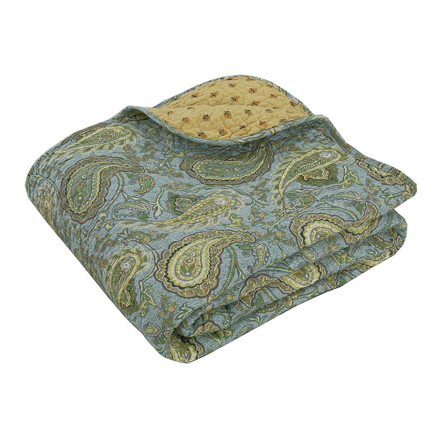 Cozy Line Green Paisley Print 100% Cotton Reversible Quilted Throw Blanket