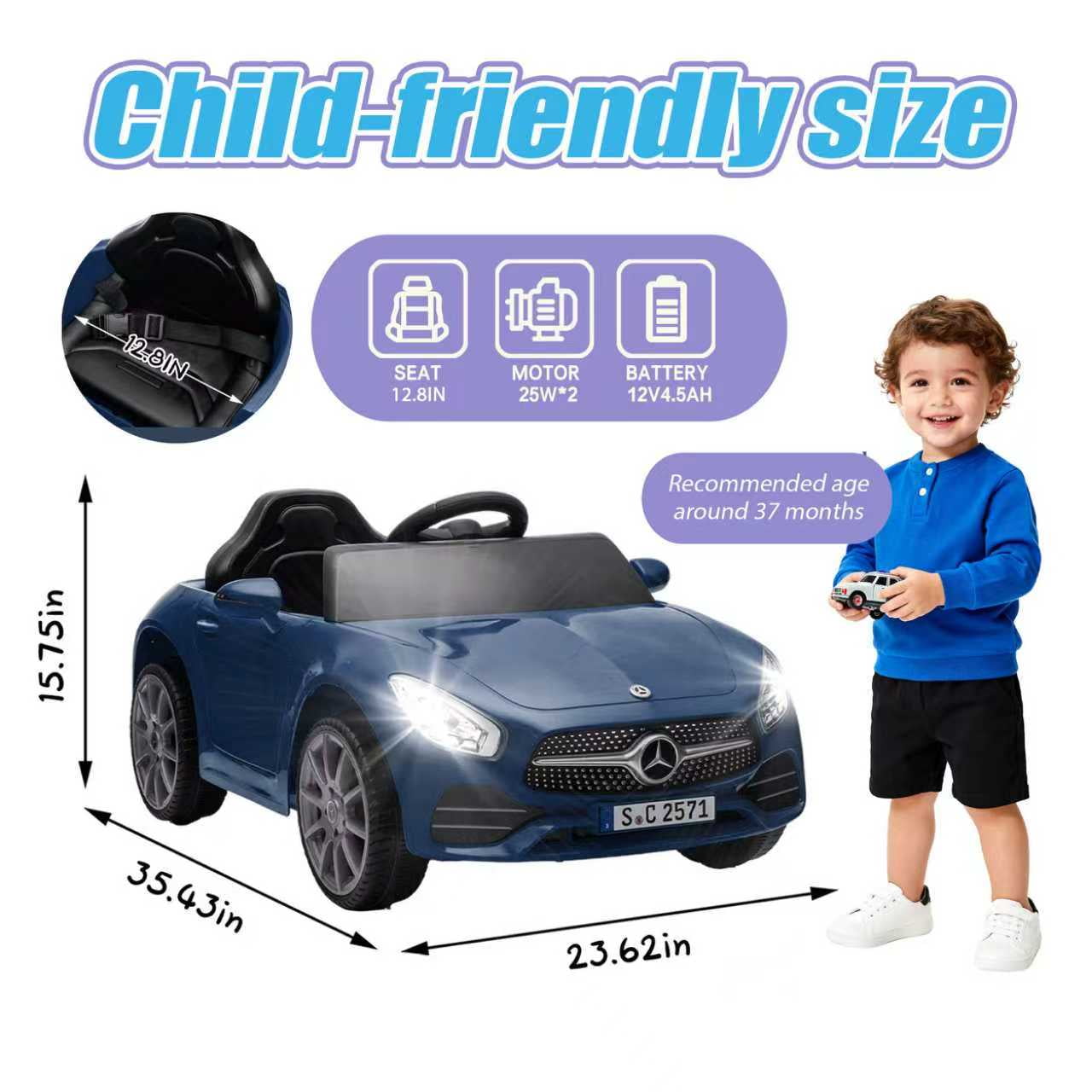 Xuanlur 12V Power Ride on Toys for Toddlers, Licensed Mercedes-Benz Ride on Cars for Kids, Kid Electric Car, Aged 1-4Y, Dark Blue