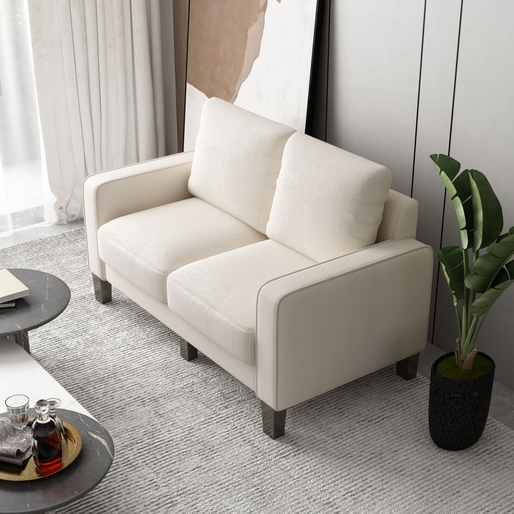 DEALTOPS 53'' Modern Loveseat Sofa, Fabric Couch with Square Arms for Living Room, Beige