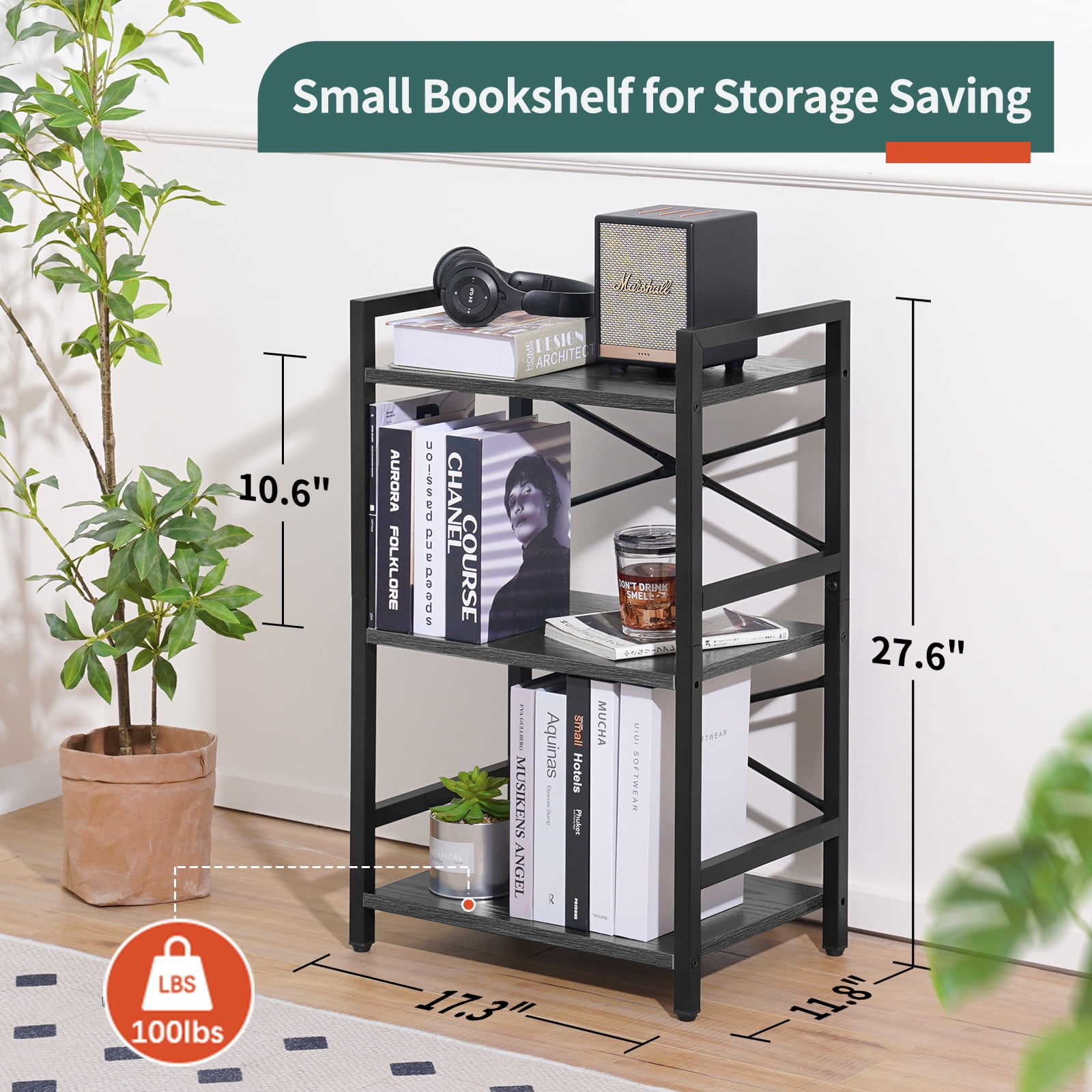 3 Tier Bookcase, Small Bookshelf Storage for Bedroom, Living Room, Office Home, Grey
