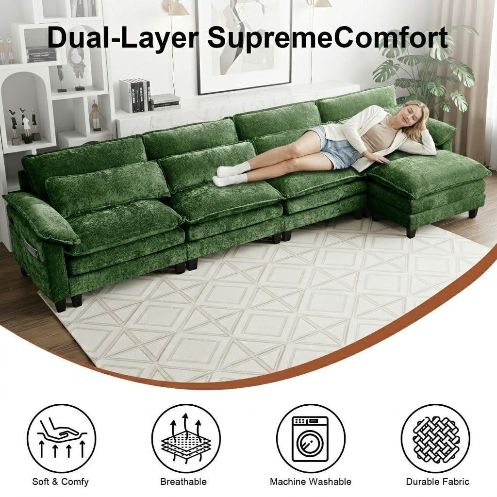 Howcool 148" Modular Sectional Sofa , 4 Seater L-Shaped Cloud Couch with Movable Ottoman, USB Charging Ports & Side Pockets, Sectional couchs for Living Room,Chenille Fabric,Green
