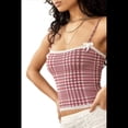 thumbnail image 1 of Camiseta Corta de Tirantes Finos con Cuello Cuadrado y Ribete de Encaje de Cuadros Y2K para Mujer. Camiseta de Tirantes Finos con Lazo en la Parte Delantera. Rojo L, 1 of 8
