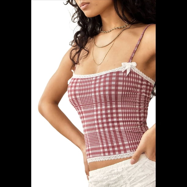 Camiseta Corta de Tirantes Finos con Cuello Cuadrado y Ribete de Encaje de Cuadros Y2K para Mujer. Camiseta de Tirantes Finos con Lazo en la Parte Delantera. Rojo M